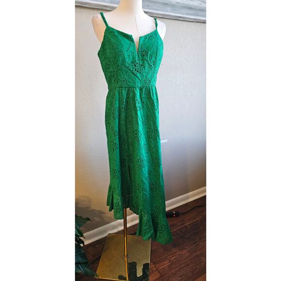 Guess Cotton Eyelet Asymmetric Midi Dress Women Size 8 Green Contemporary Party - Picture 5 of 10